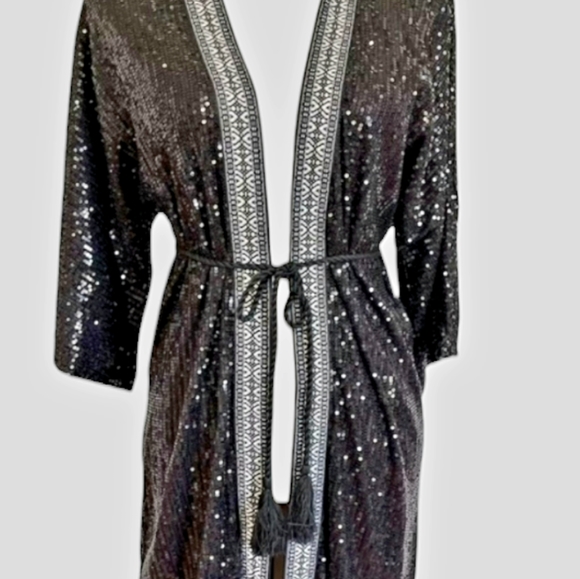 Chelsea & Violet Sequin Kimono Jacket Duster Black. - Picture 2 of 4
